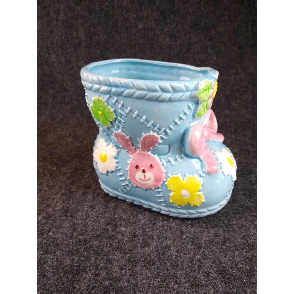 Nancy Pew Ceramic Planter Blue and Pink Bootie Baby Shower Nursery Decor Vintage